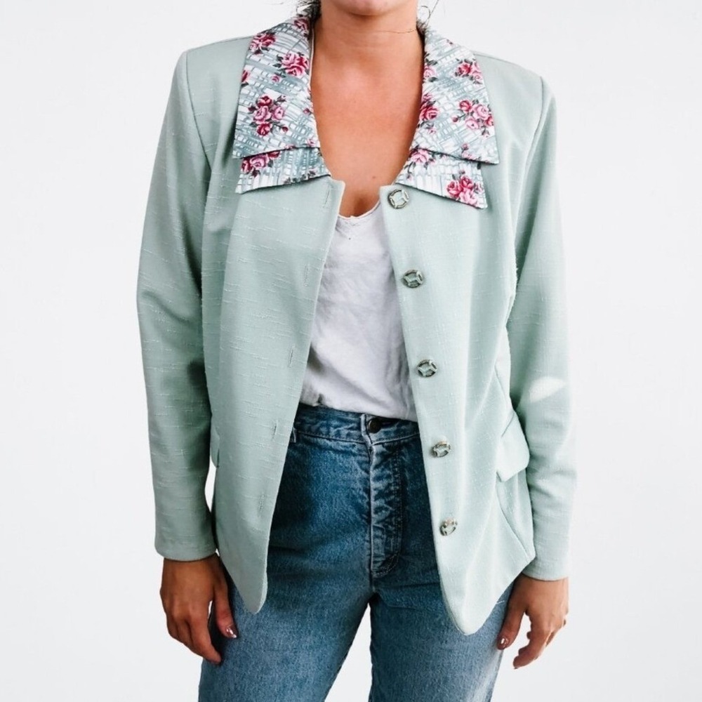 Pablo Collection Vintage Sage Green Floral Collar Blazer Jacket Womens Petite 14